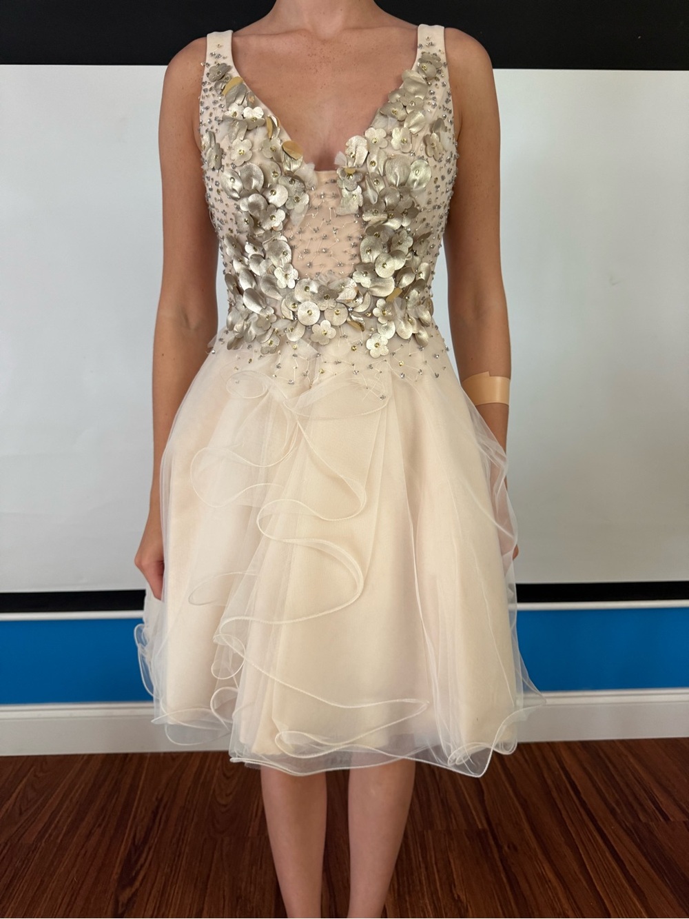 Embellished V-Neck Cocktail Dress in Champagne